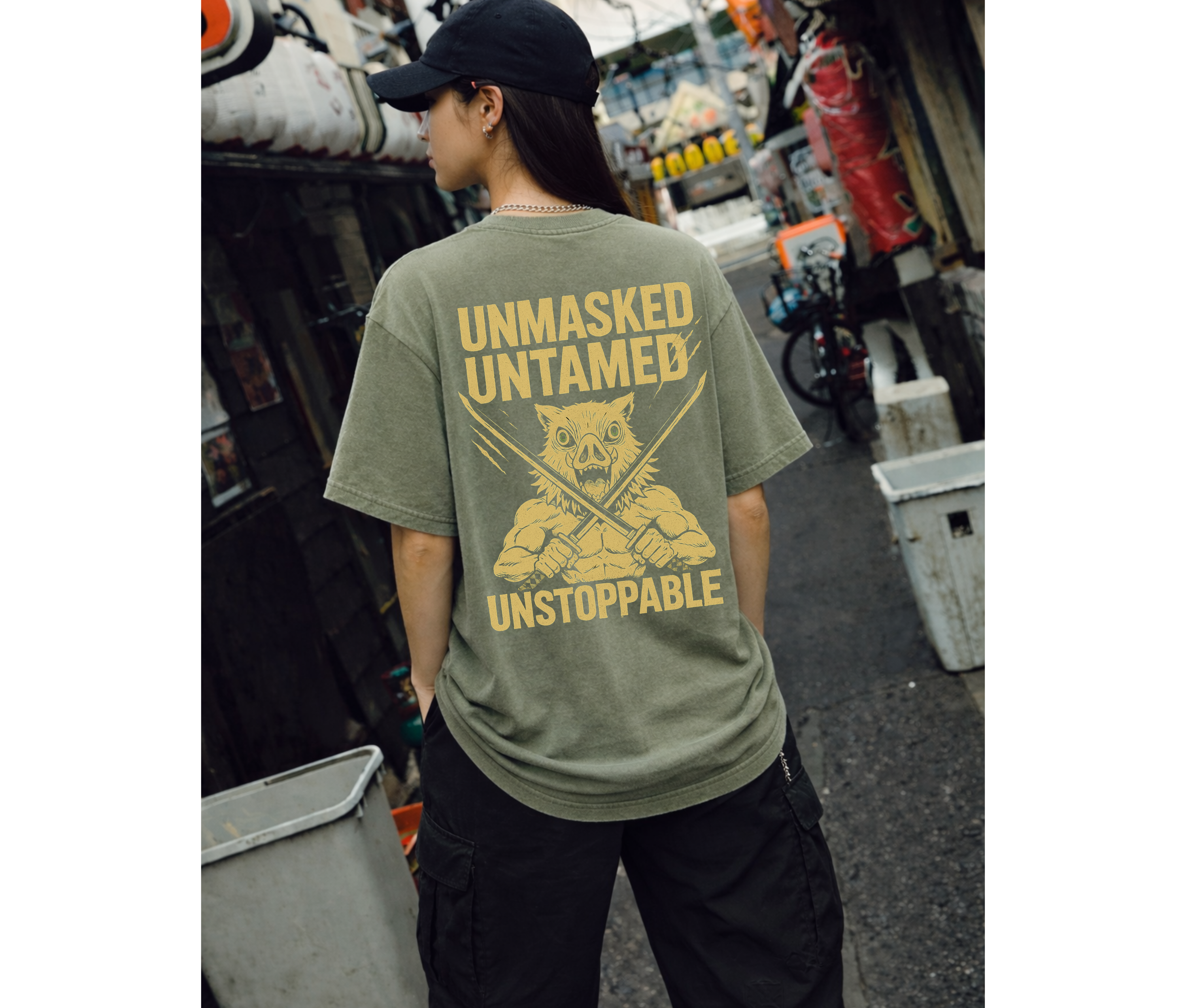 2-Sided Oversized T-Shirt | Anime Boar Mask Vintage Tee