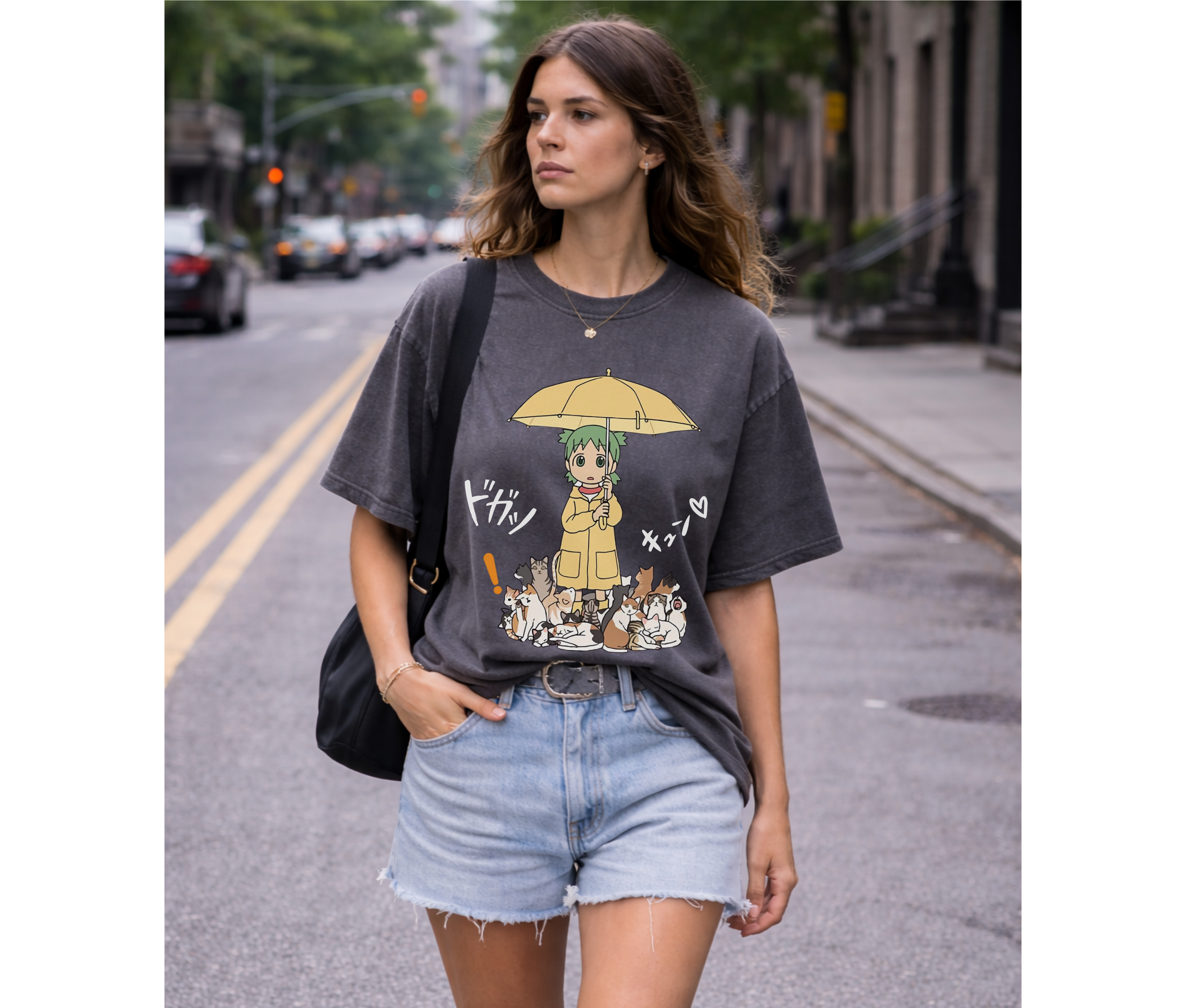 Anime-Inspired Girl with Cat Graphic T-Shirt | Cute Manga Tee