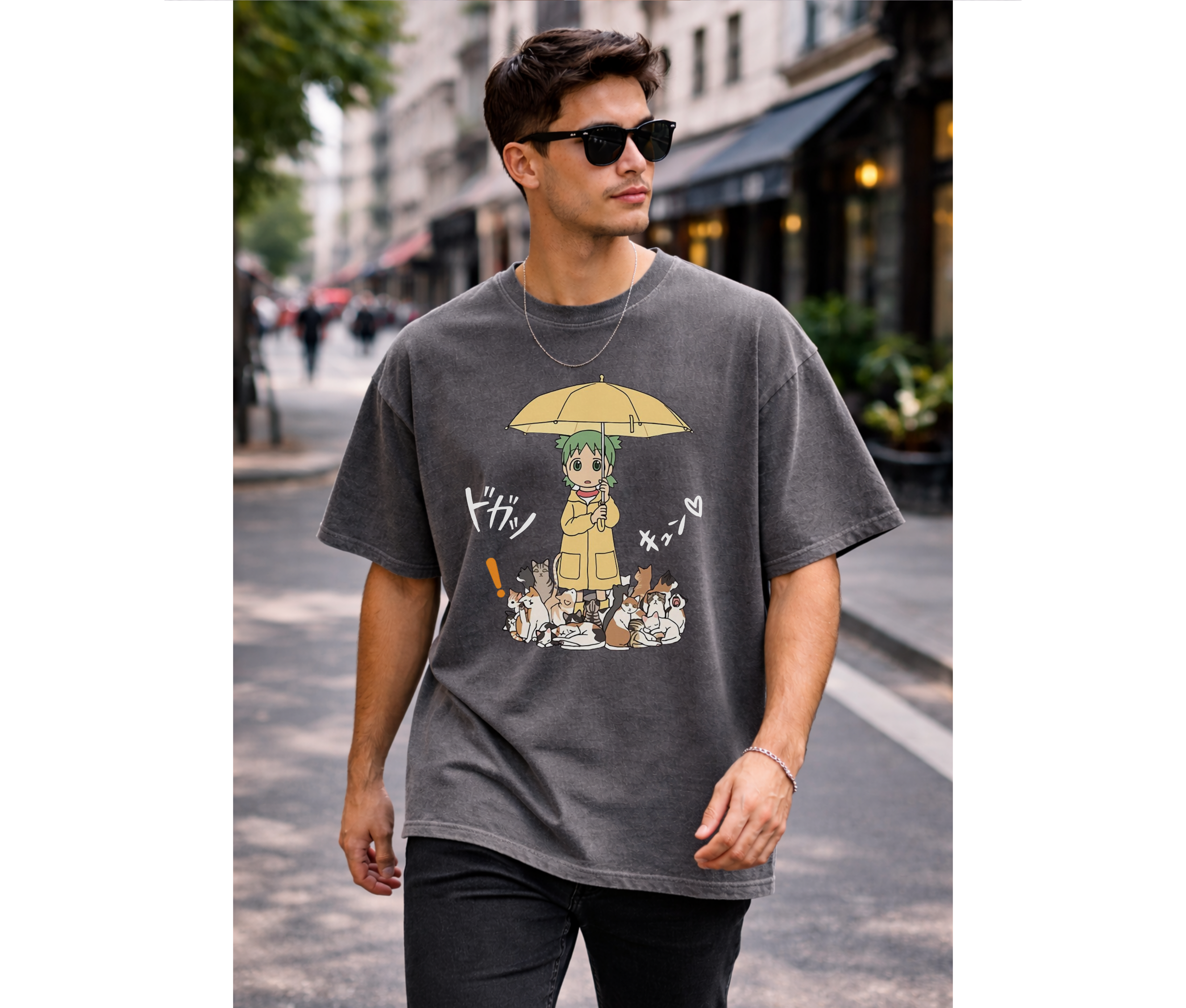 Anime-Inspired Girl with Cat Graphic T-Shirt | Cute Manga Tee