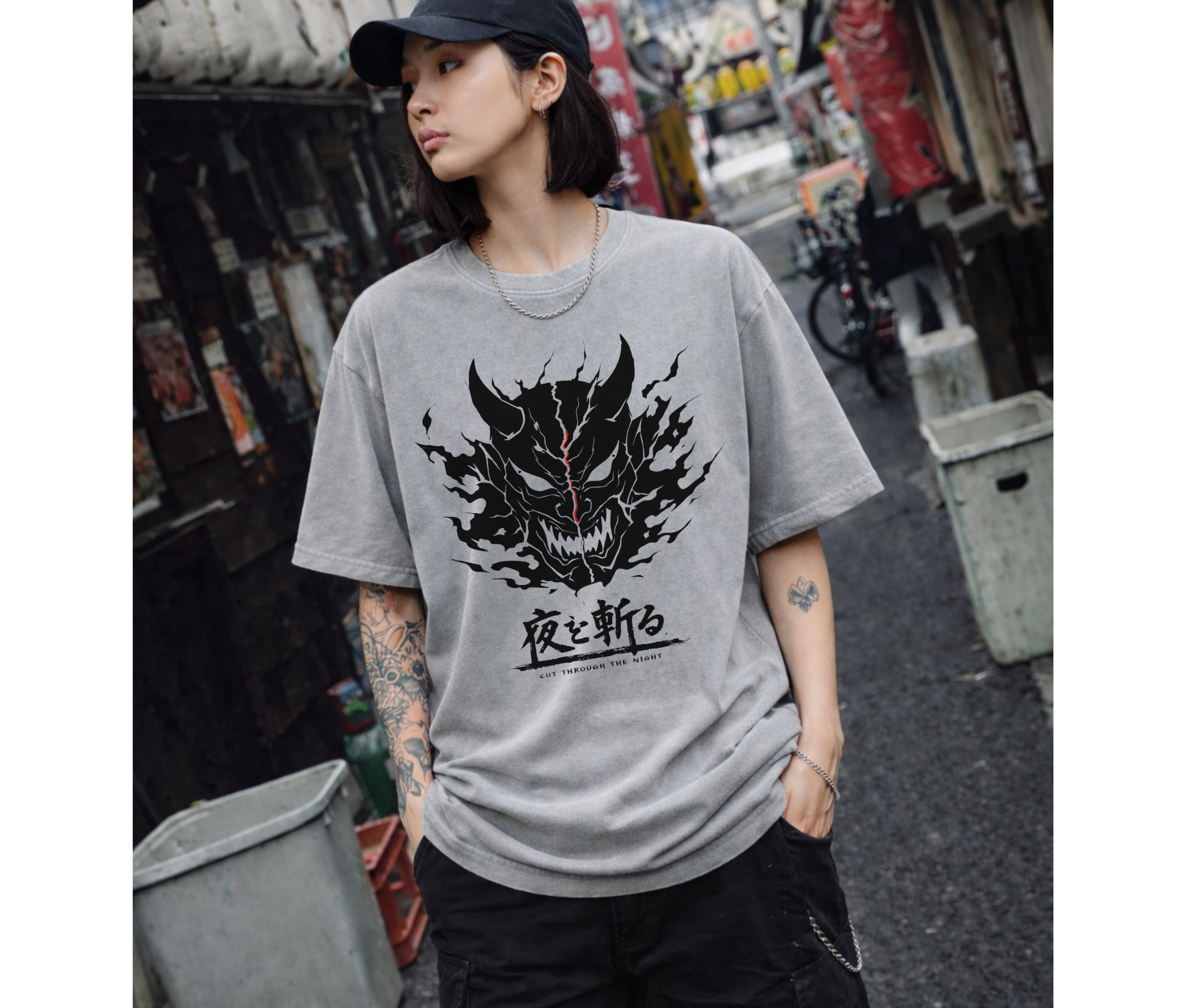 Cut Through the Night – Demon Mask Anime Streetwear Tee