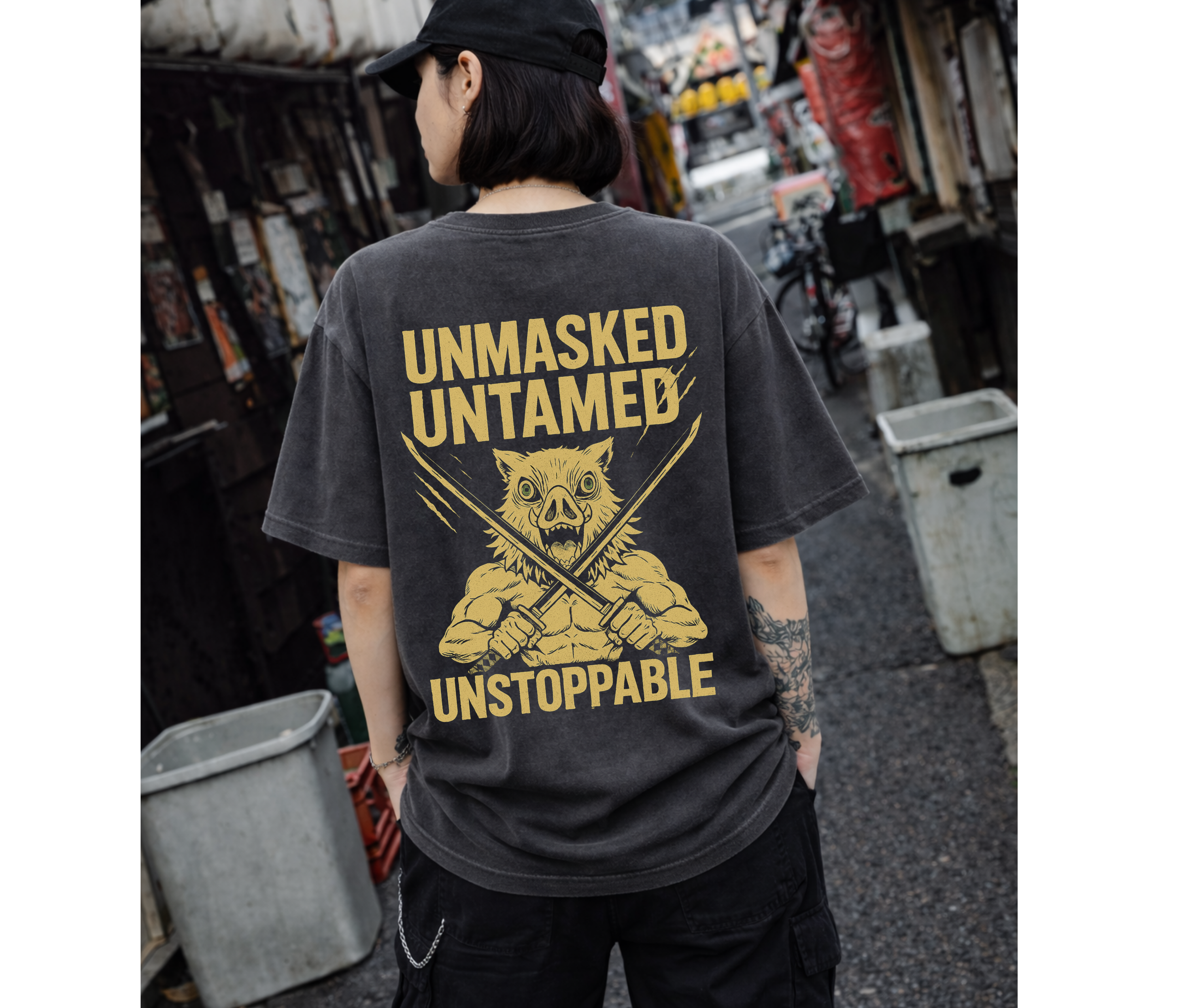 2-Sided Oversized T-Shirt | Anime Boar Mask Vintage Tee
