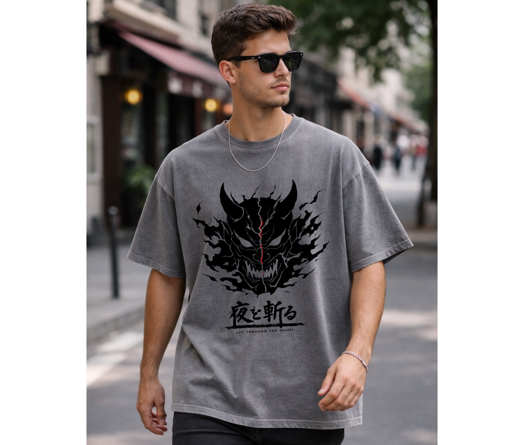 Cut Through the Night – Demon Mask Anime Streetwear Tee