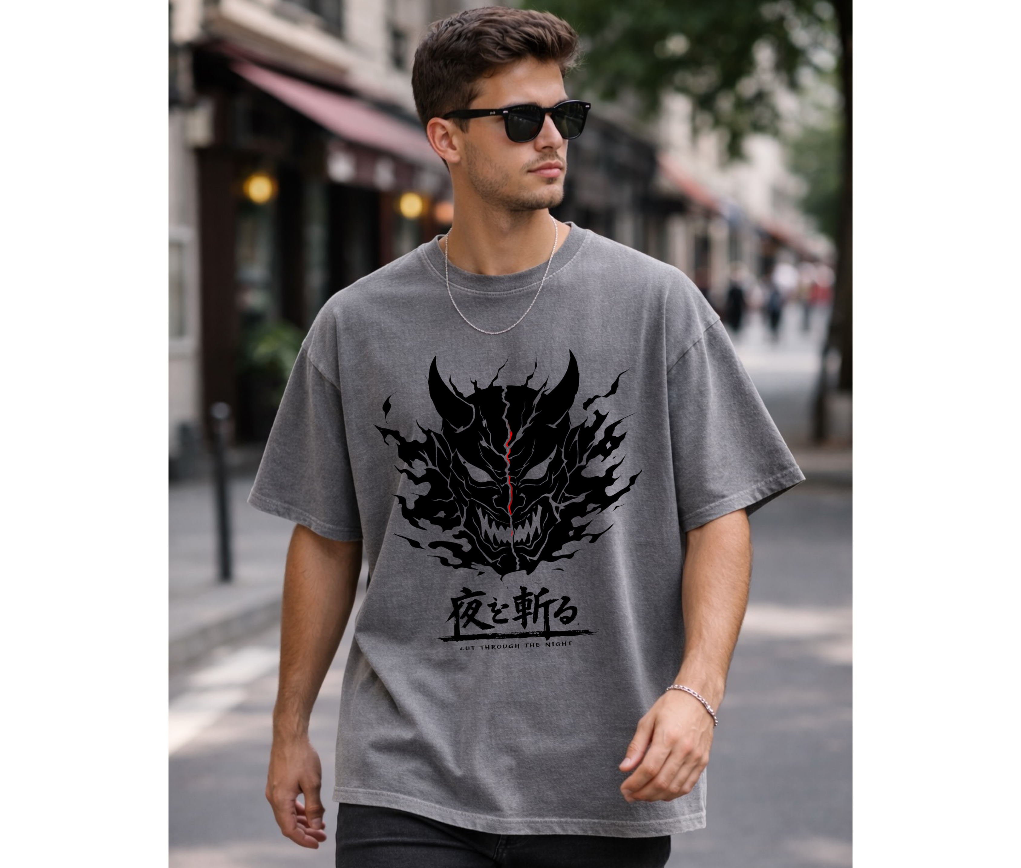 Cut Through the Night – Demon Mask Anime Streetwear Tee