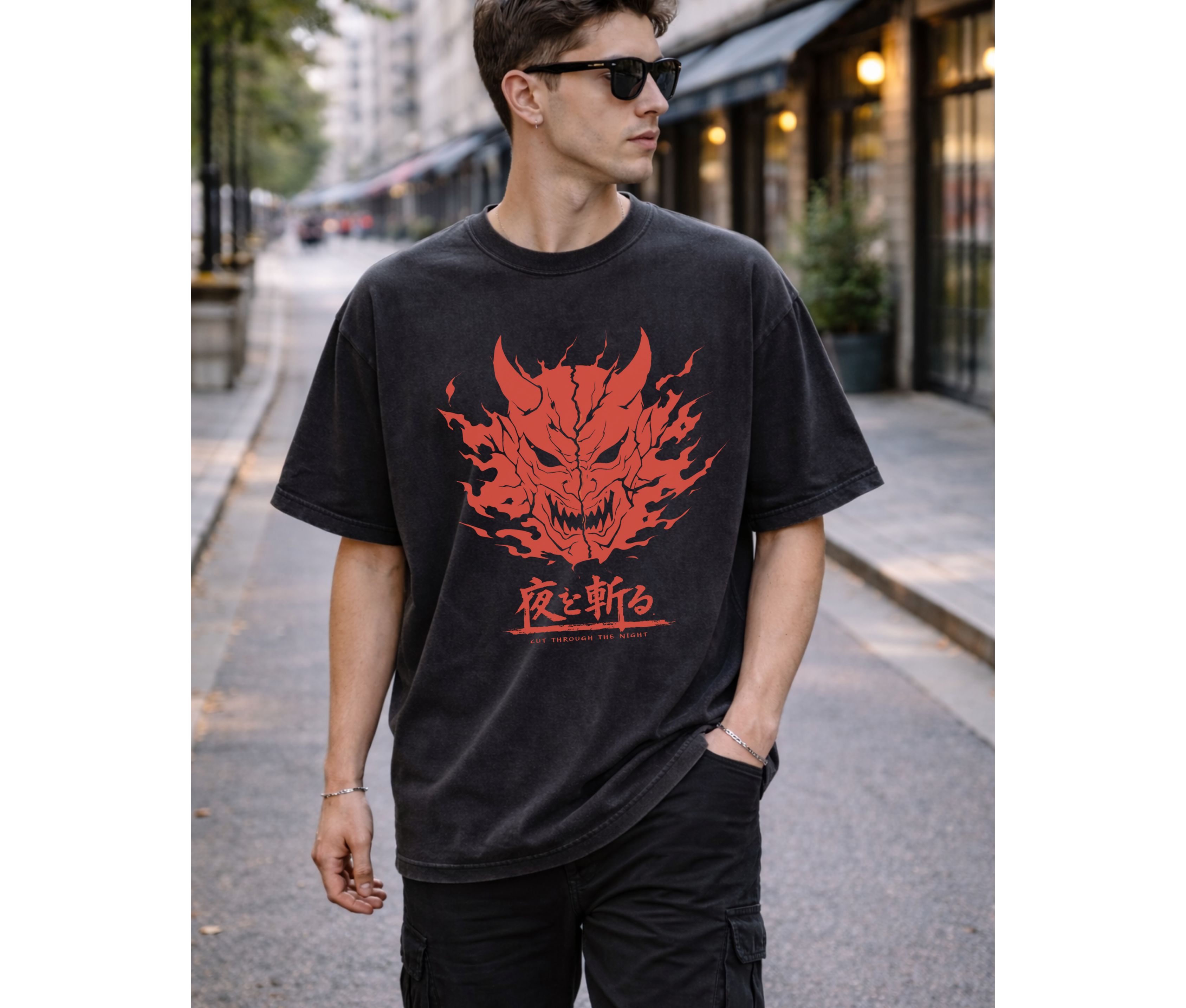 Cut Through the Night – Demon Mask Anime Streetwear Tee