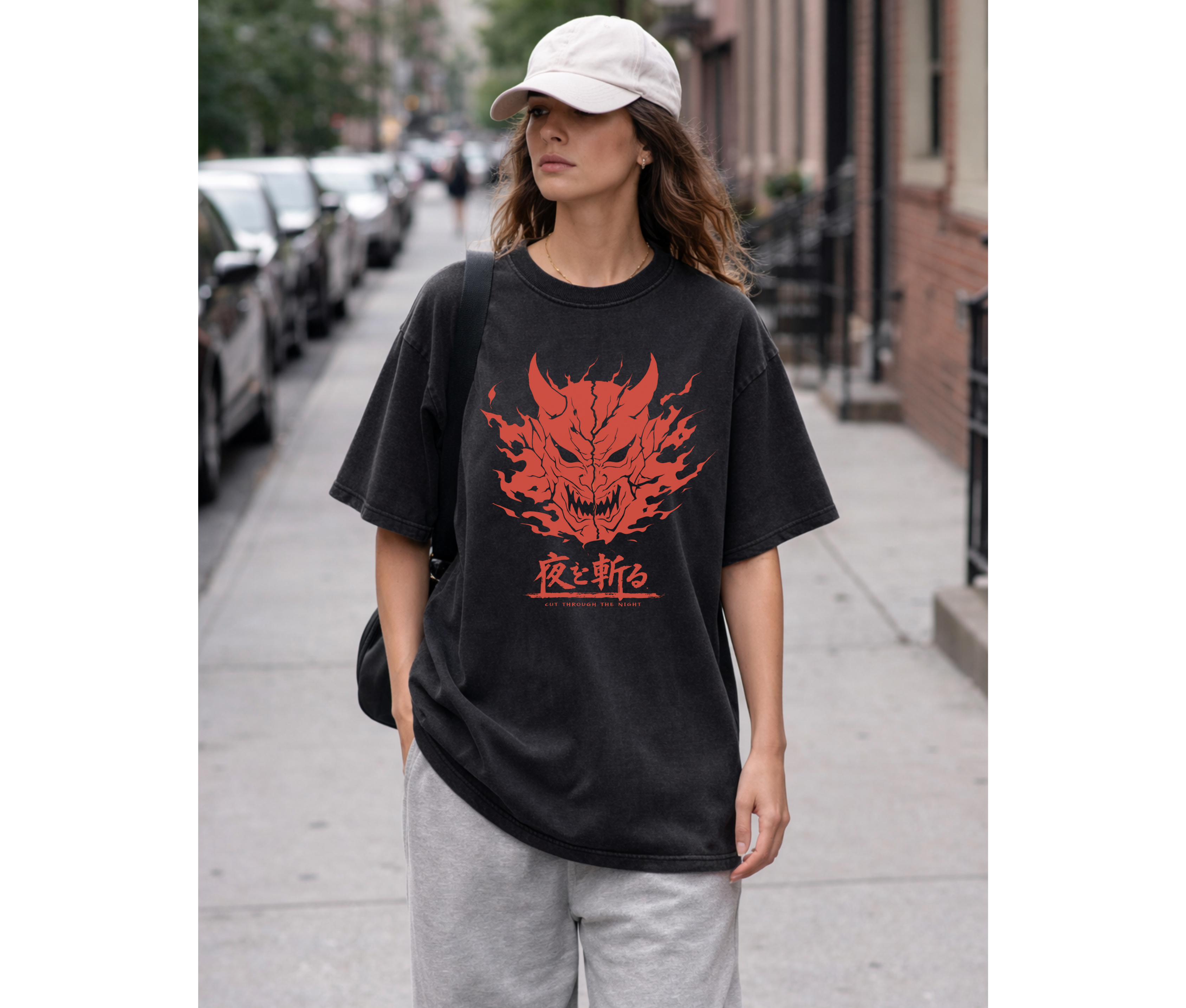 Cut Through the Night – Demon Mask Anime Streetwear Tee