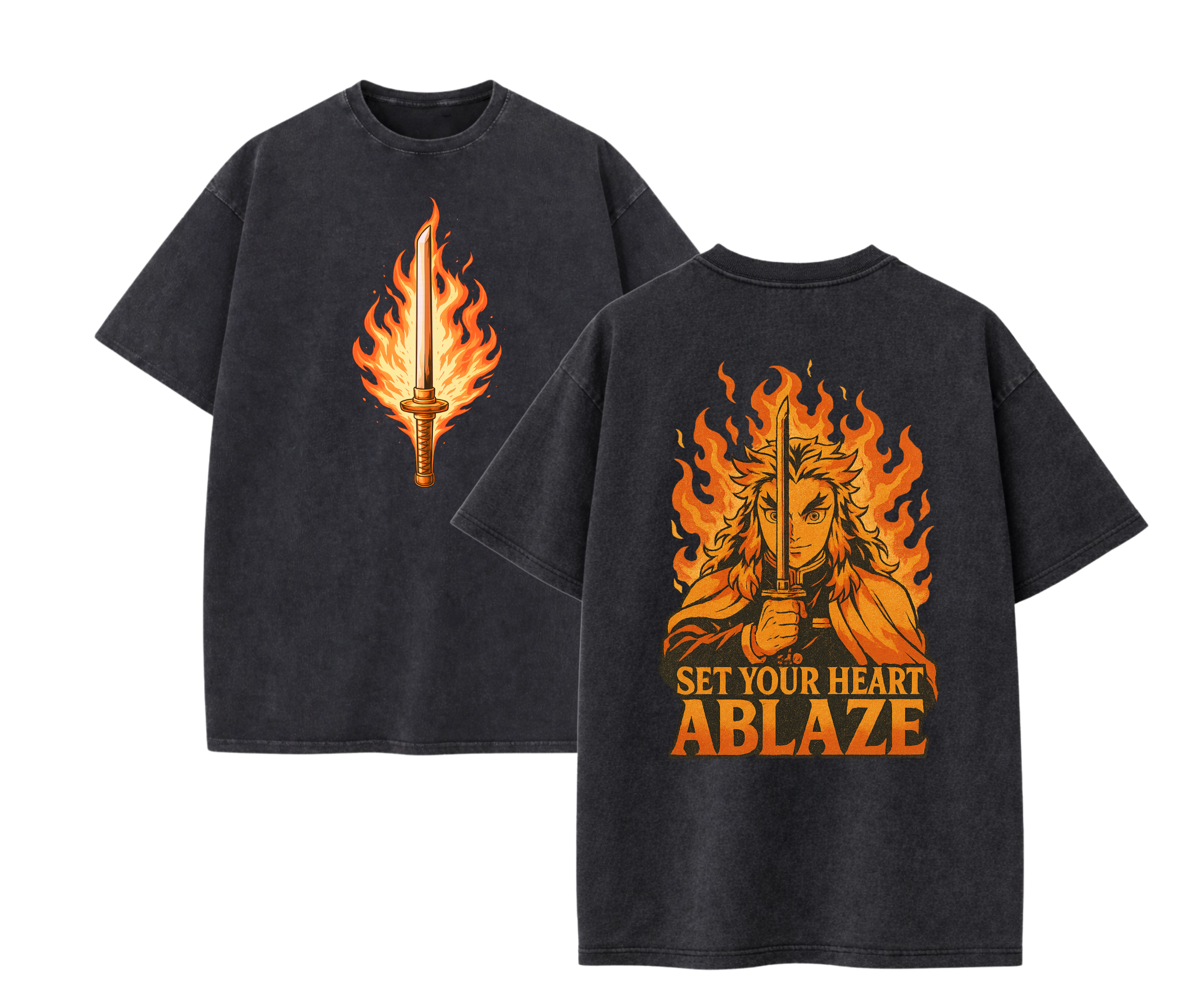 2-Sided Flame Swordsman Anime Streetwear Tee | Set Your Heart Ablaze Graphic Shirt