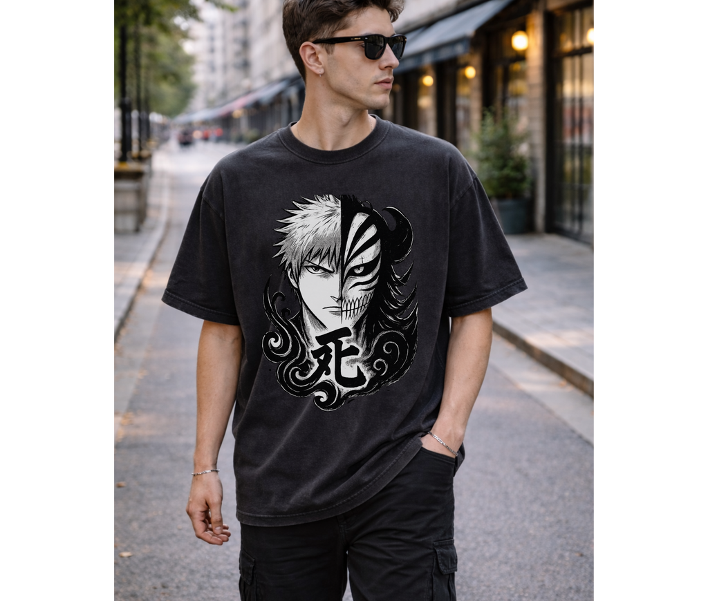 Split Fate Mask – Dark Anime Streetwear Oversized Tee