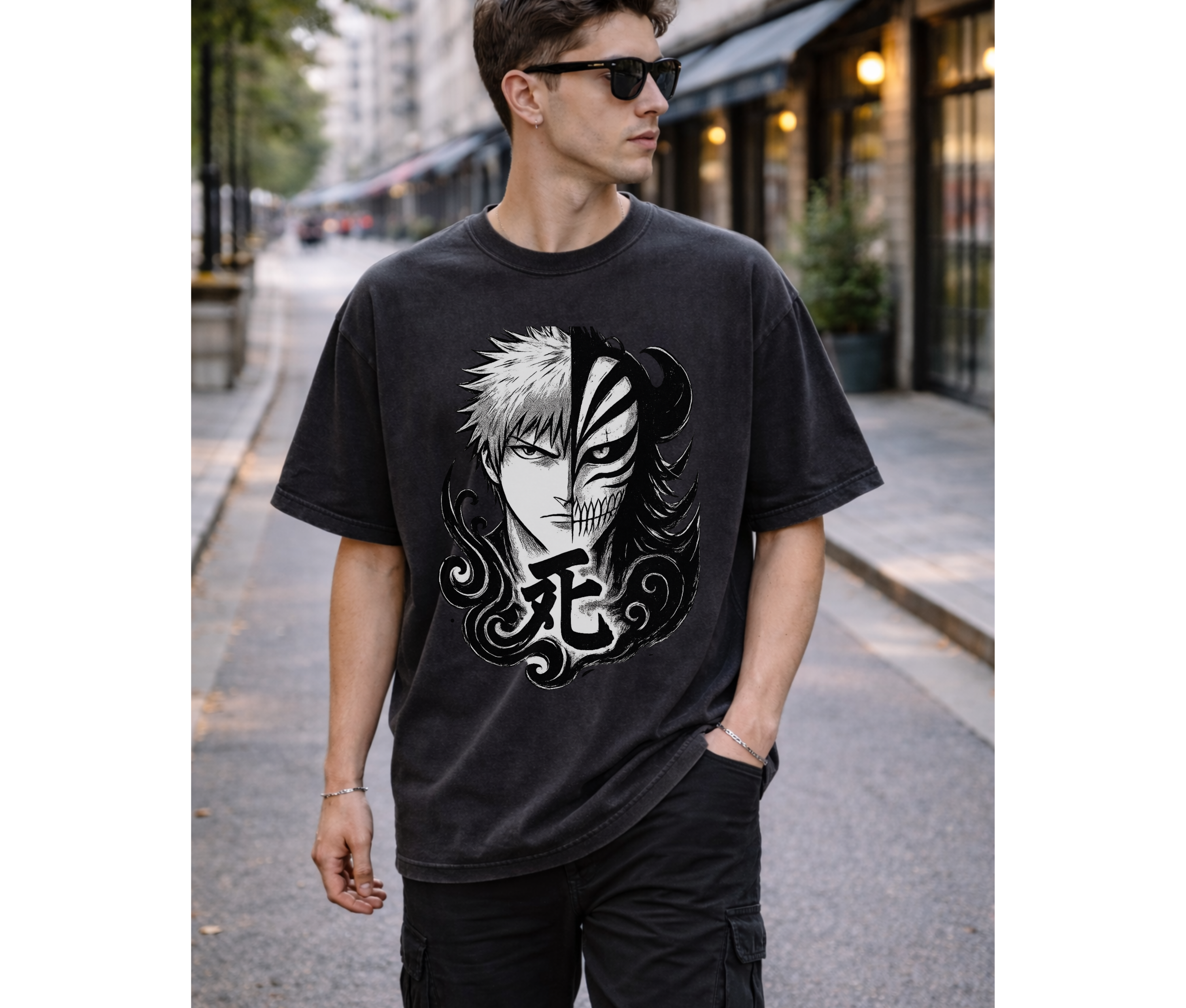 Split Fate Mask – Dark Anime Streetwear Oversized Tee
