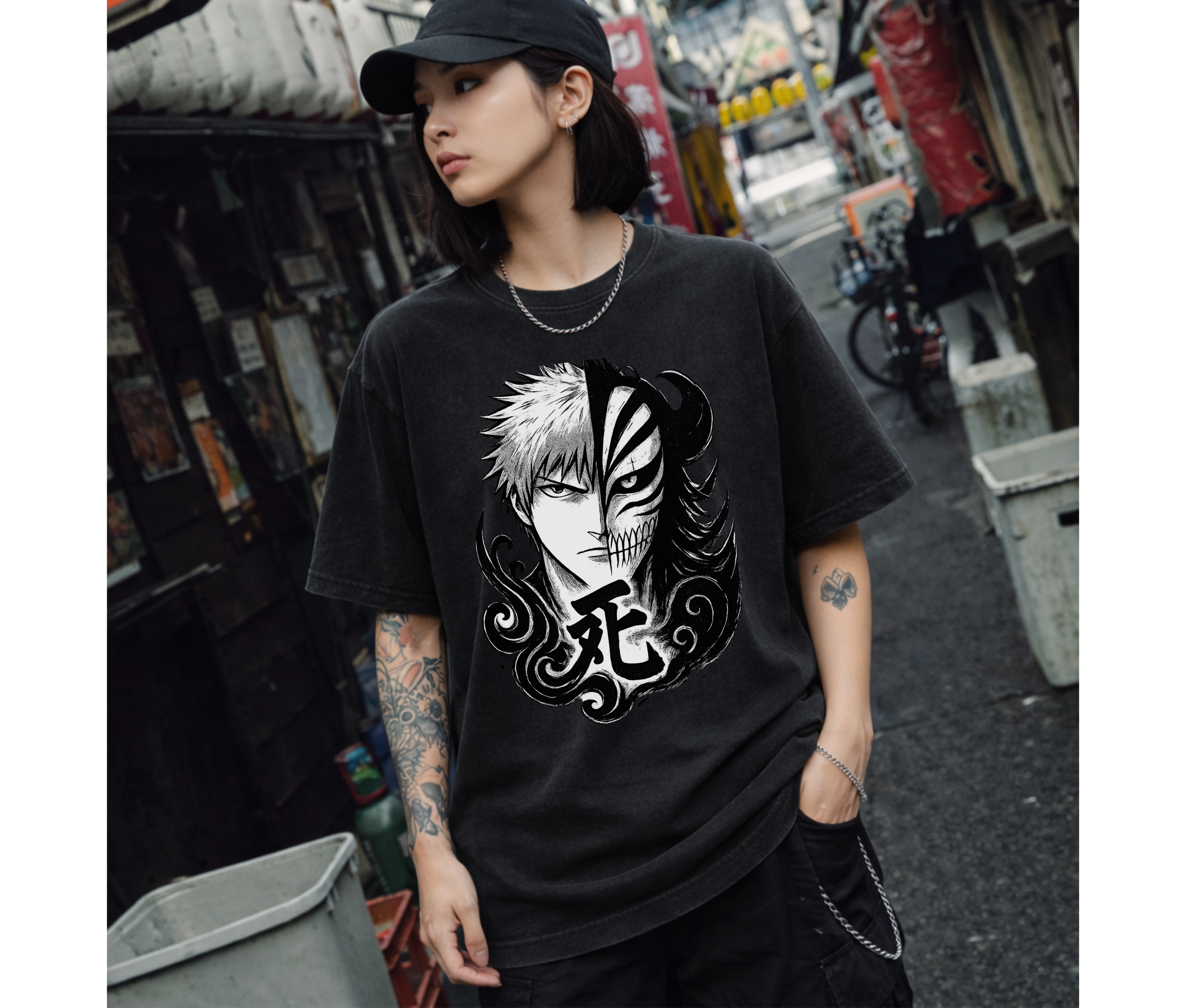 Split Fate Mask – Dark Anime Streetwear Oversized Tee