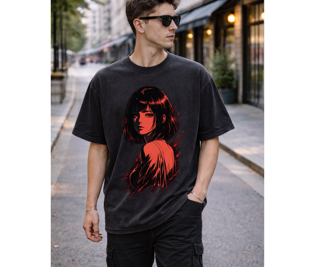 Sad Girl Anime Dark Aesthetic T-Shirt – Red Manga Streetwear Graphic Tee