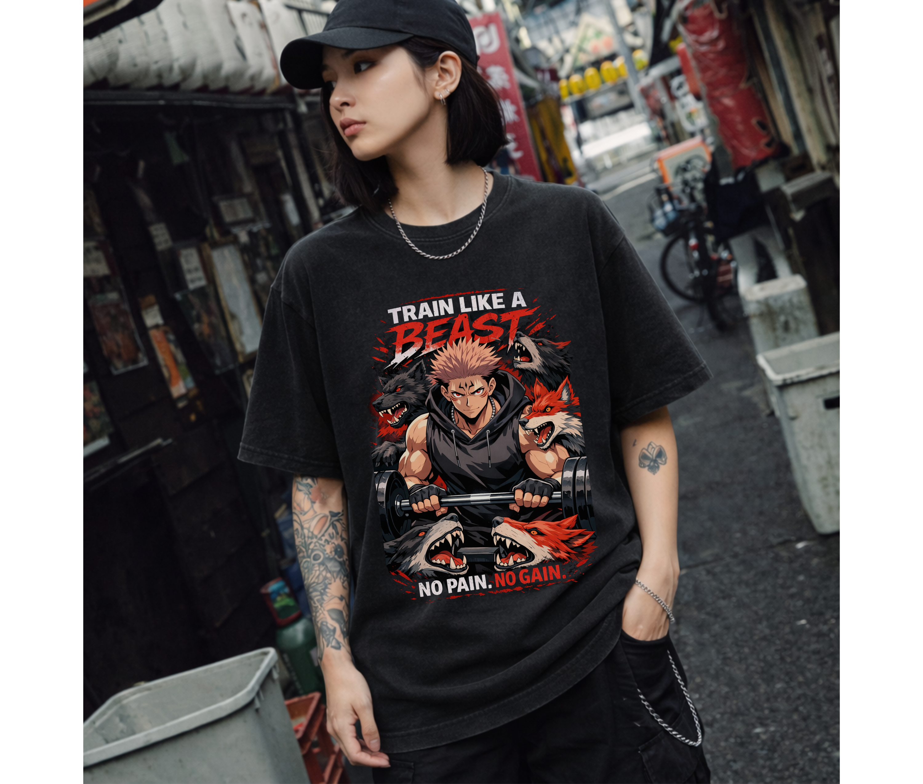 Train Like a Beast – Anime Gym Streetwear Oversized T-Shirt