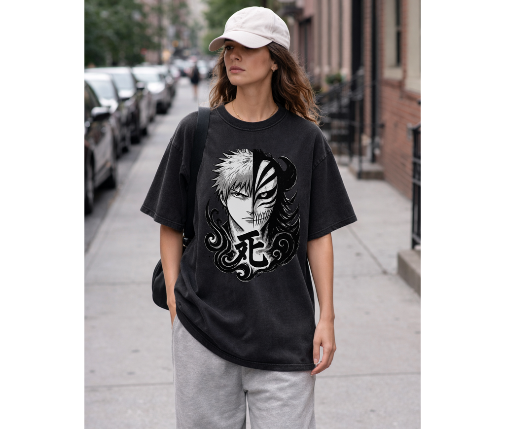Split Fate Mask – Dark Anime Streetwear Oversized Tee