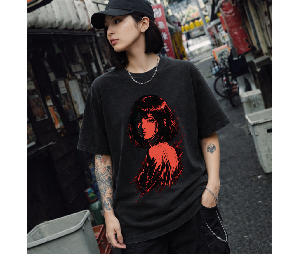 Sad Girl Anime Dark Aesthetic T-Shirt – Red Manga Streetwear Graphic Tee