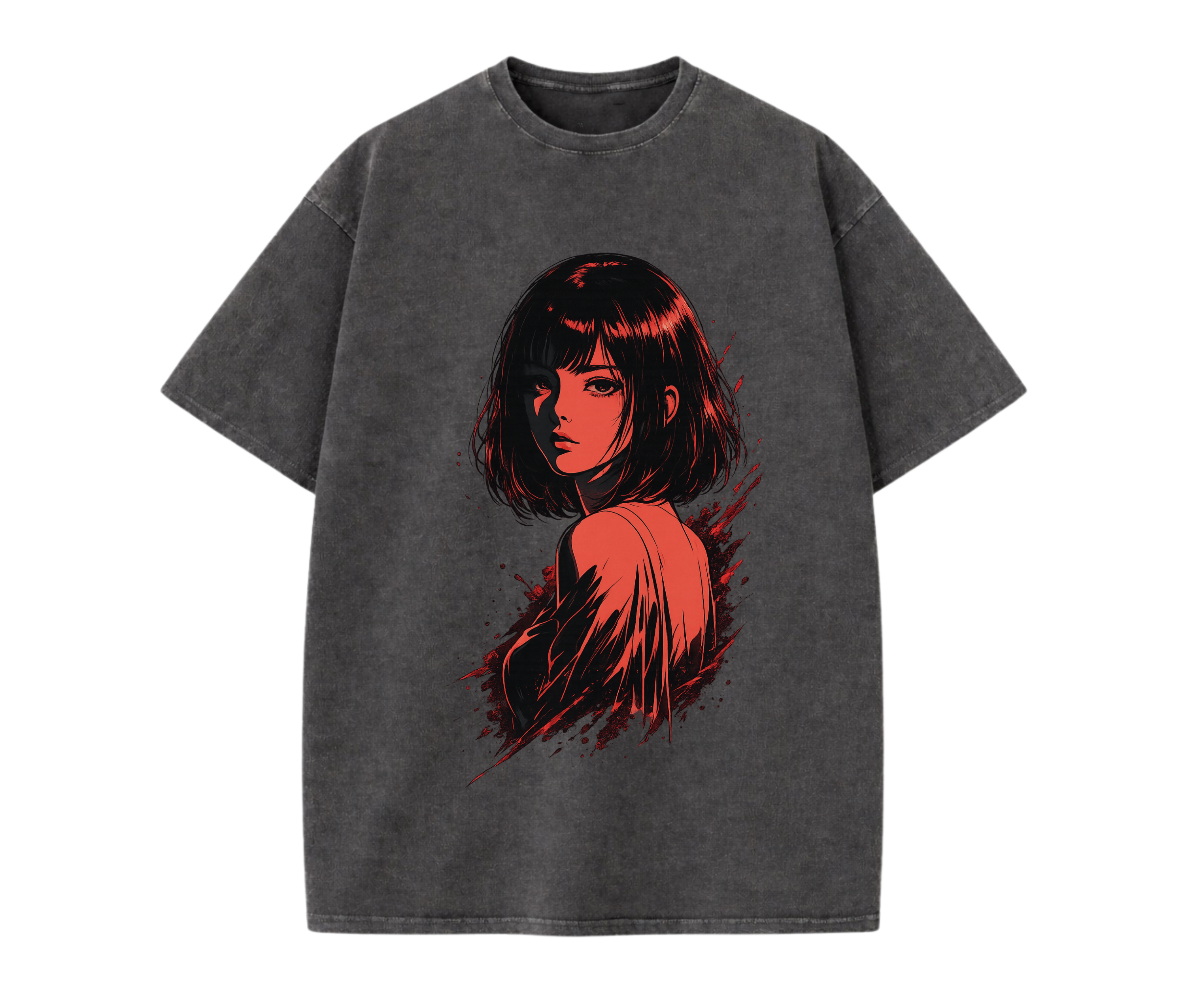 Sad Girl Anime Dark Aesthetic T-Shirt – Red Manga Streetwear Graphic Tee