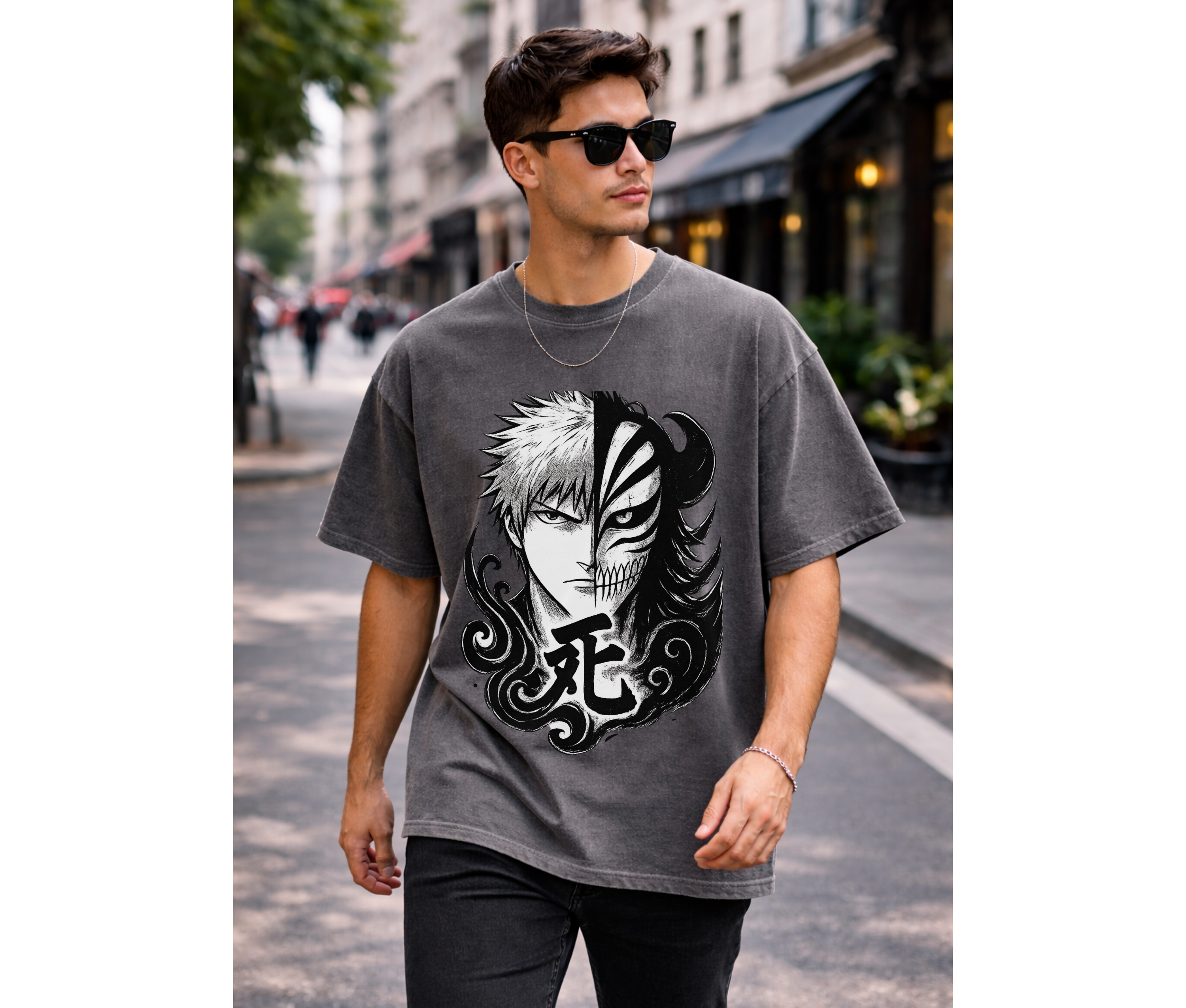 Split Fate Mask – Dark Anime Streetwear Oversized Tee