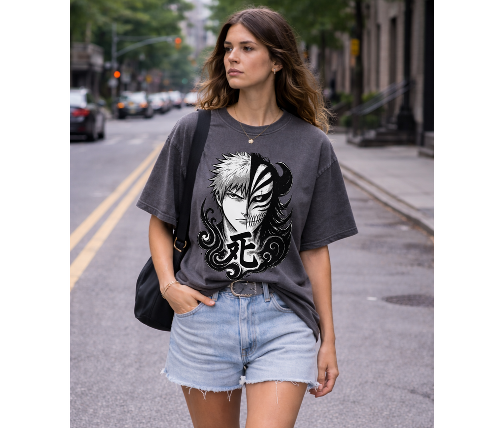Split Fate Mask – Dark Anime Streetwear Oversized Tee