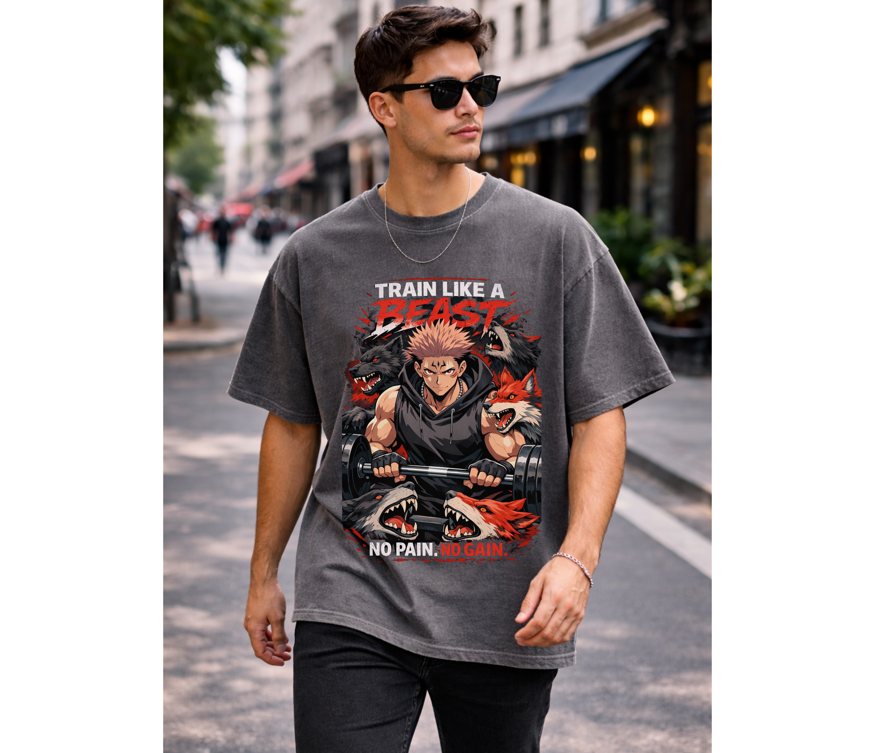 Train Like a Beast – Anime Gym Streetwear Oversized T-Shirt