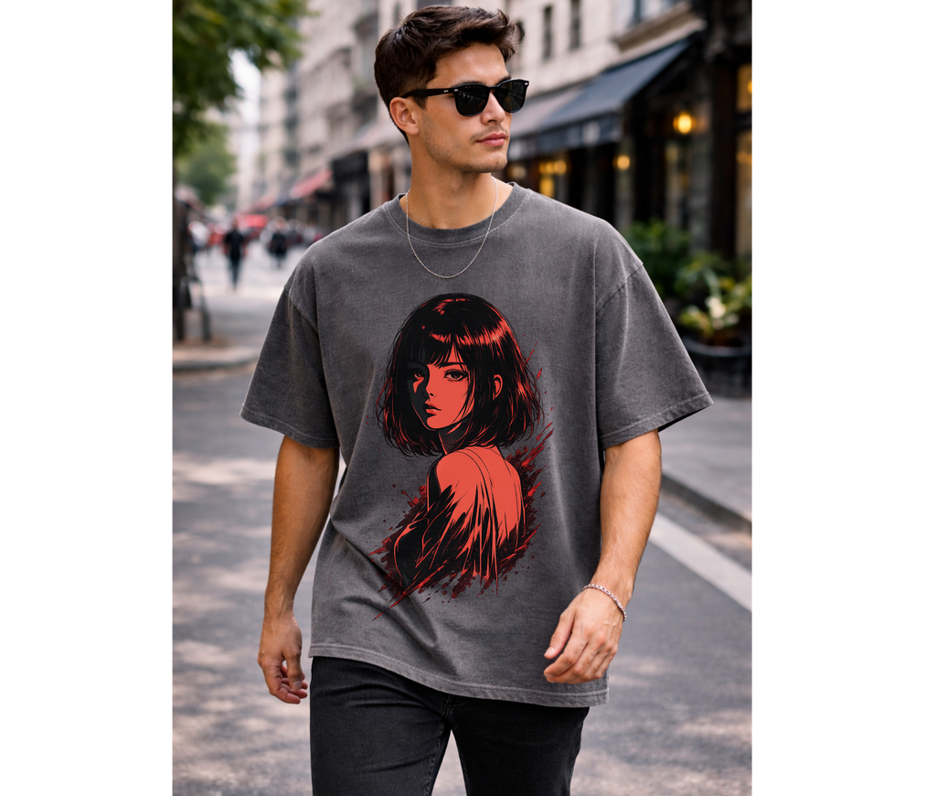 Sad Girl Anime Dark Aesthetic T-Shirt – Red Manga Streetwear Graphic Tee