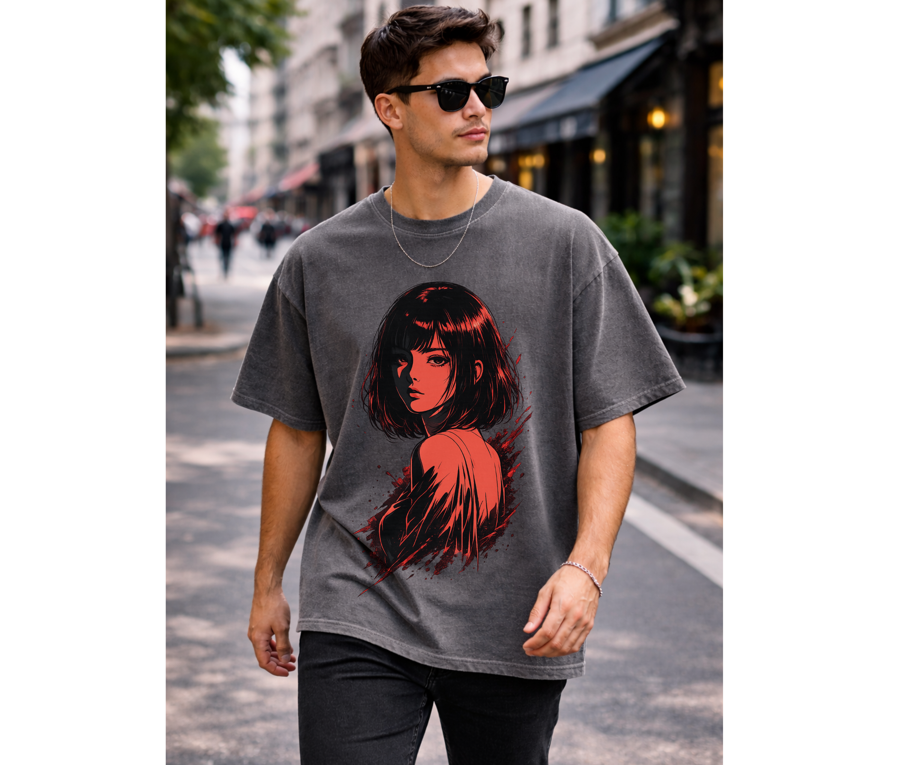 Sad Girl Anime Dark Aesthetic T-Shirt – Red Manga Streetwear Graphic Tee