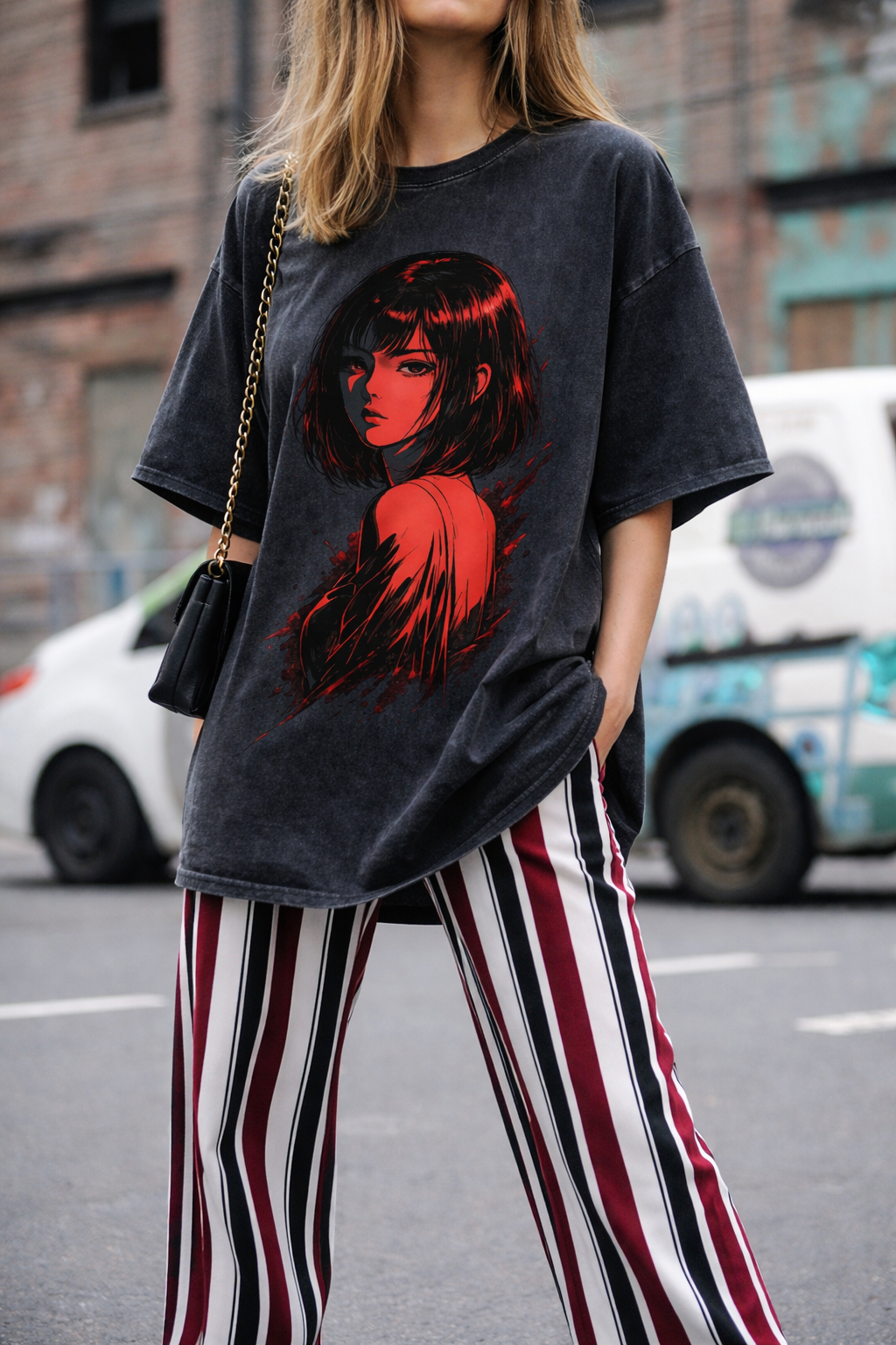 Sad Girl Anime Dark Aesthetic T-Shirt – Red Manga Streetwear Graphic Tee