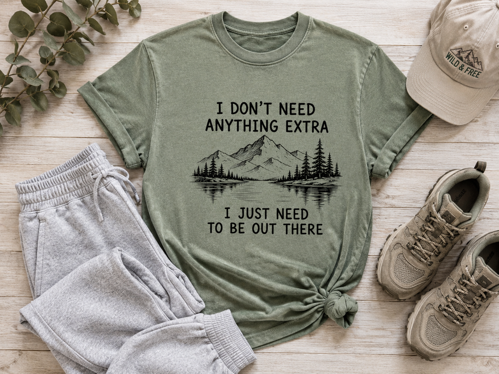 I Don't Need Anything Extra Graphic T-Shirt | Vintage Mountain Nature Tee | Oversized Hiking Shirt