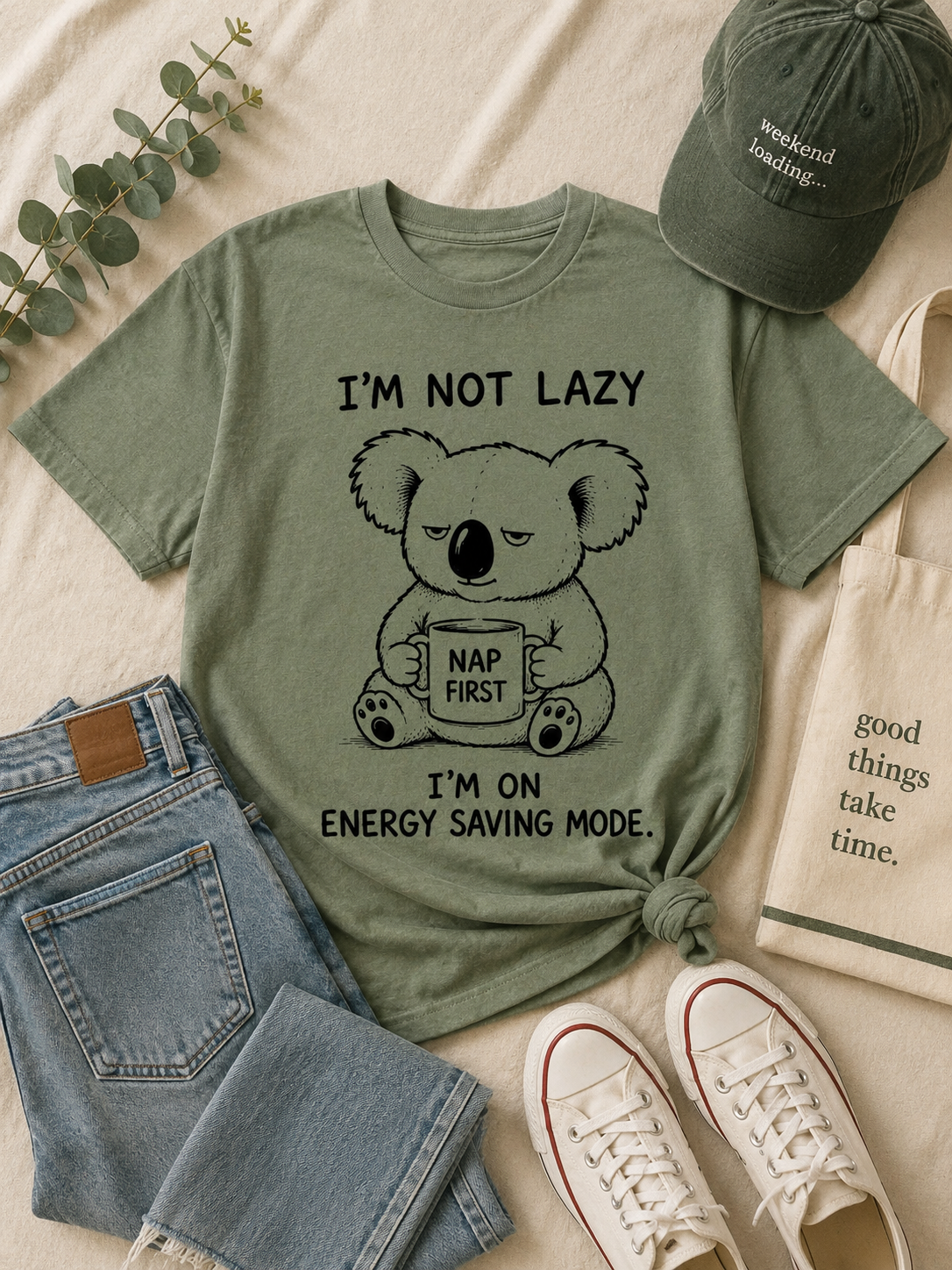 Funny Koala Graphic T-Shirt – I'm Not Lazy I'm on Energy Saving Mode Oversized Unisex Tee