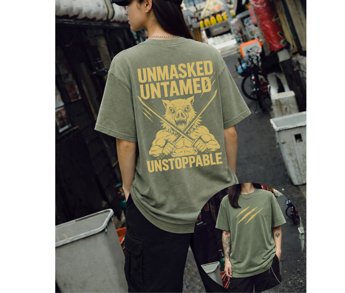 2-Sided Oversized T-Shirt | Anime Boar Mask Vintage Tee