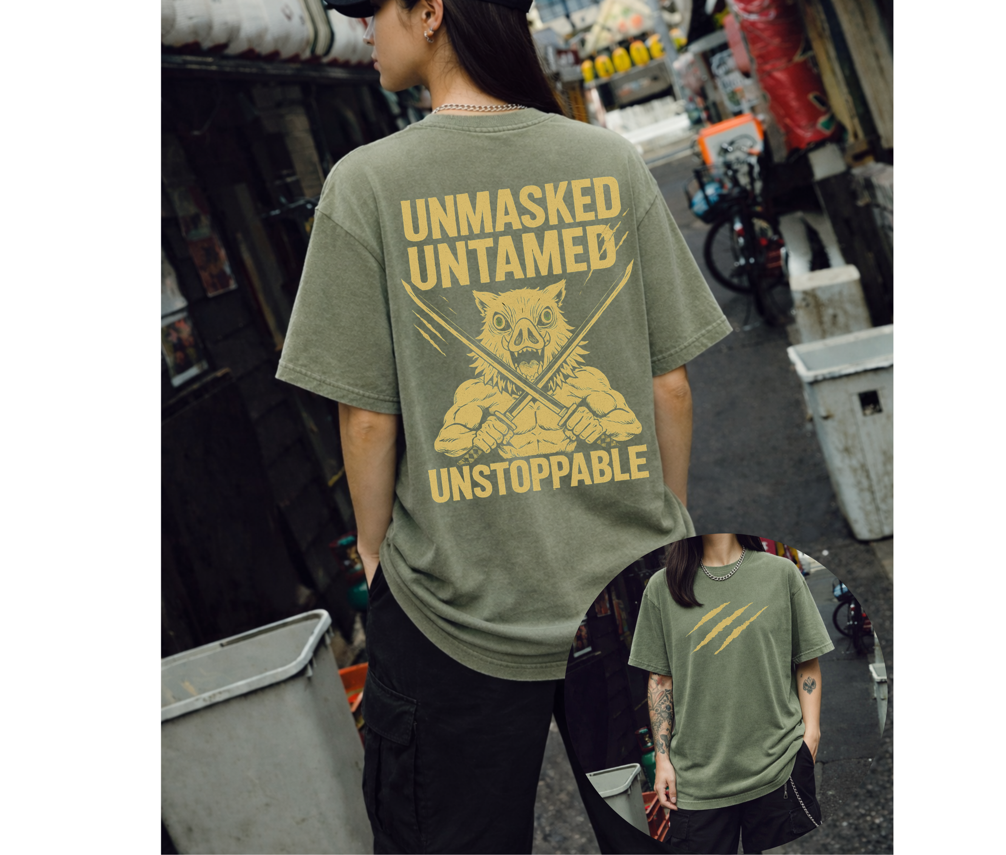 2-Sided Oversized T-Shirt | Anime Boar Mask Vintage Tee