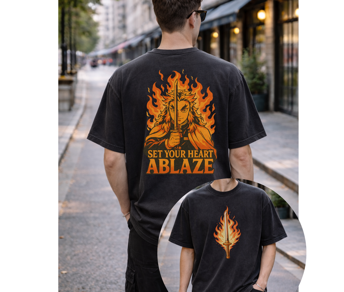 2-Sided Flame Swordsman Anime Streetwear Tee | Set Your Heart Ablaze Graphic Shirt
