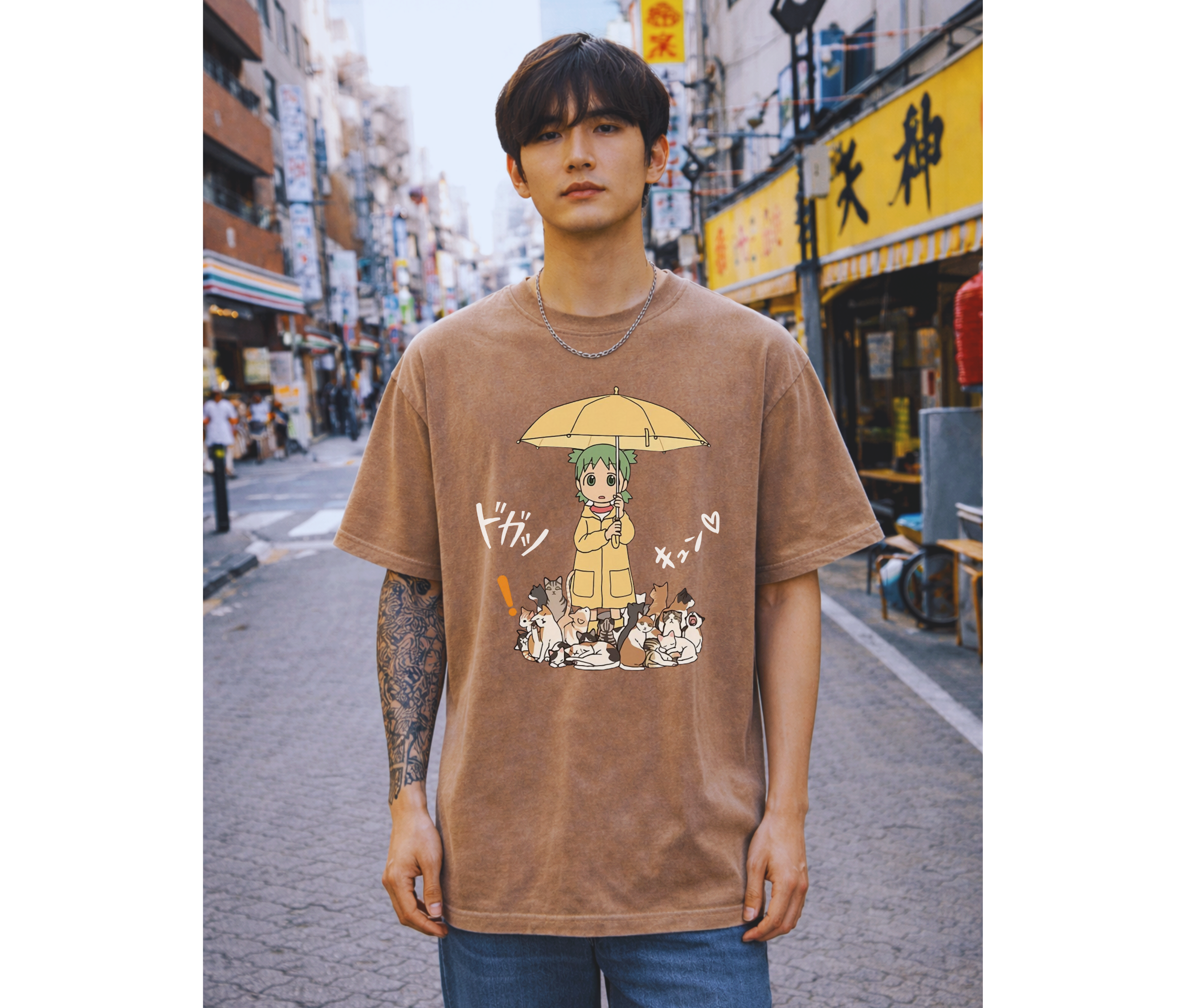 Anime-Inspired Girl with Cat Graphic T-Shirt | Cute Manga Tee